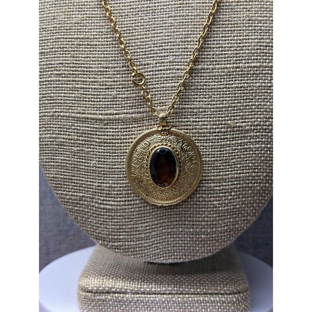 Vintage EMMONS Pendant Chain Necklace Faceted Amber Topaz Glass Gold Tone Signed
